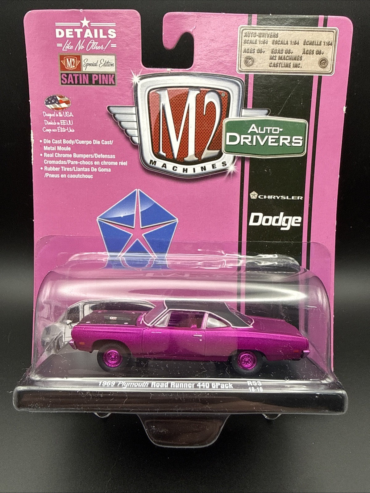 M2 Auto Drivers Satin Pink 1969 Plymouth Road Runner Chase