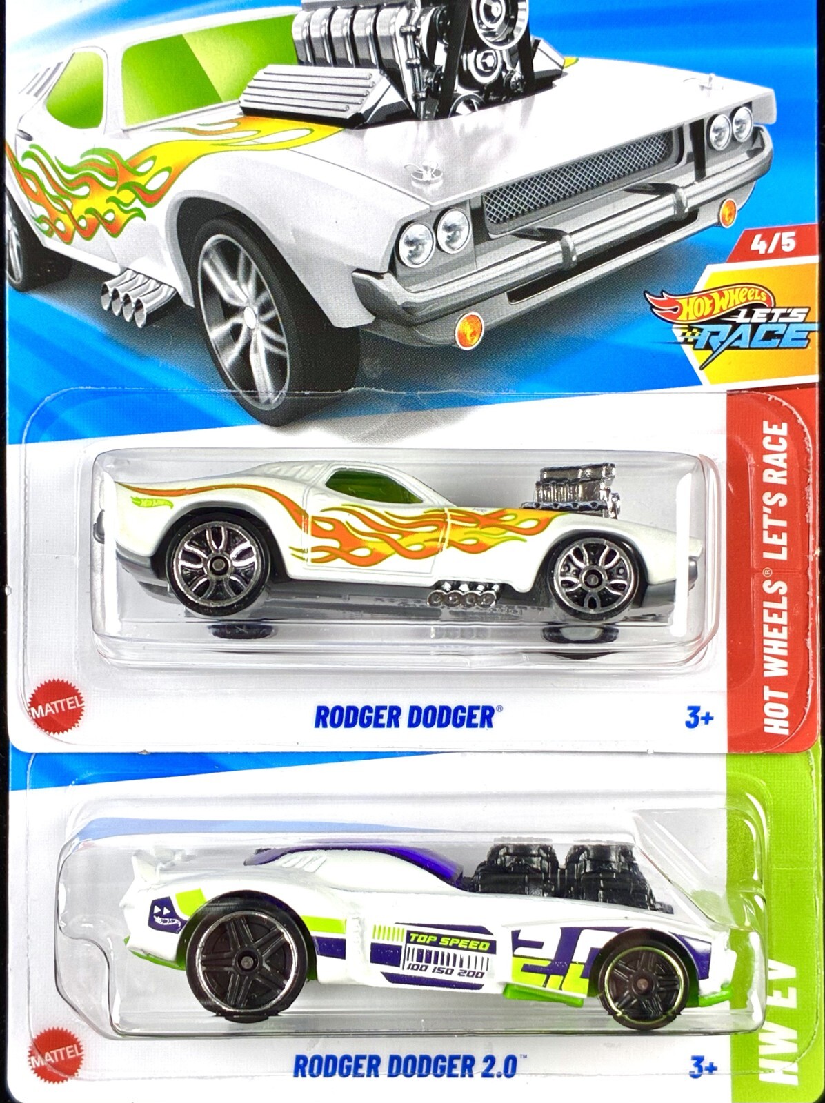 Hot Wheels Rodger Dodger & 2.0 2025, White With Flames,Netflix Let’s Race 2 Cars