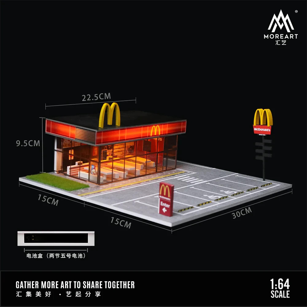 MoreArt 1/64 McDonald’s Restaurant Lot Scene Diorama – LED Lighting – MO936202
