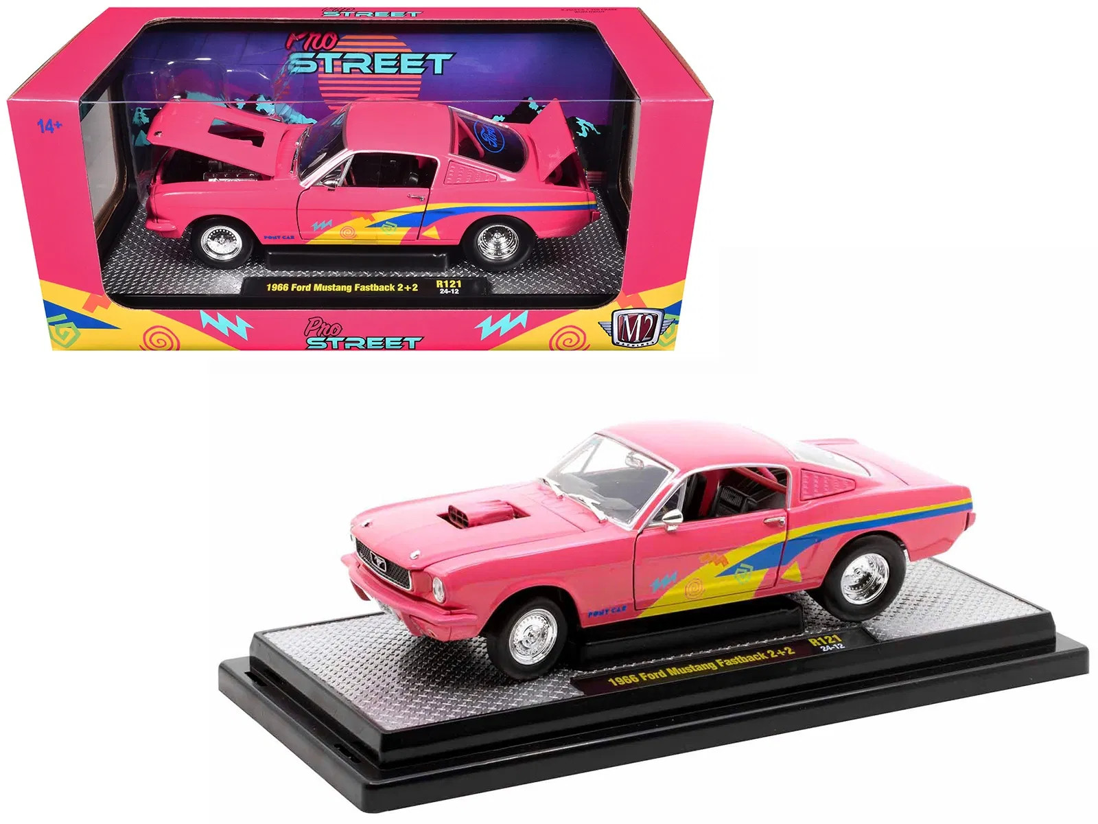 1966 Ford Mustang Fastback 2+2 Pink with Blue and Yellow Stripes “Pro Street” Li