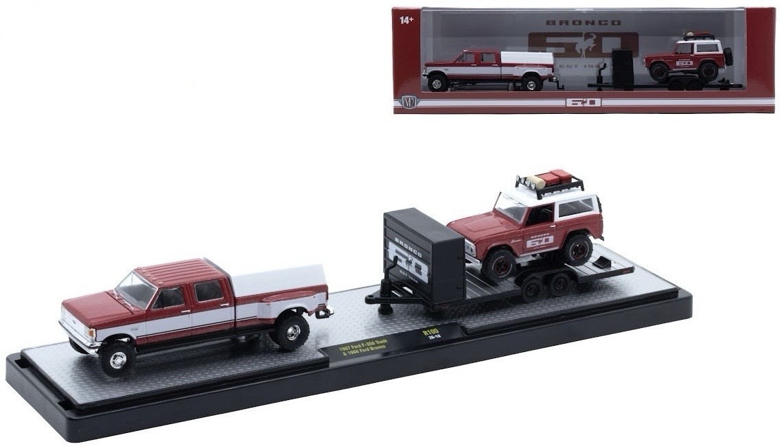 M2 MACHINES 1987 FORD F350 DUALLY & 1966 FORD BRONCO R100 HAULER