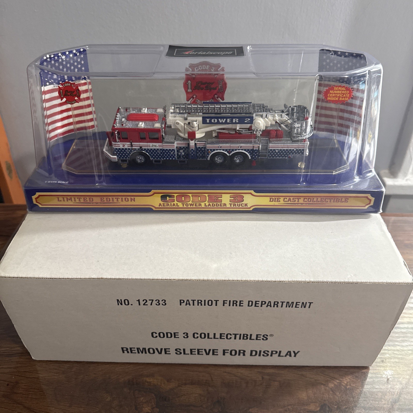 Aerialscope Code 3 Patriot Fire Dept Tower 2 Ladder Truck 1/64 12733 New in box