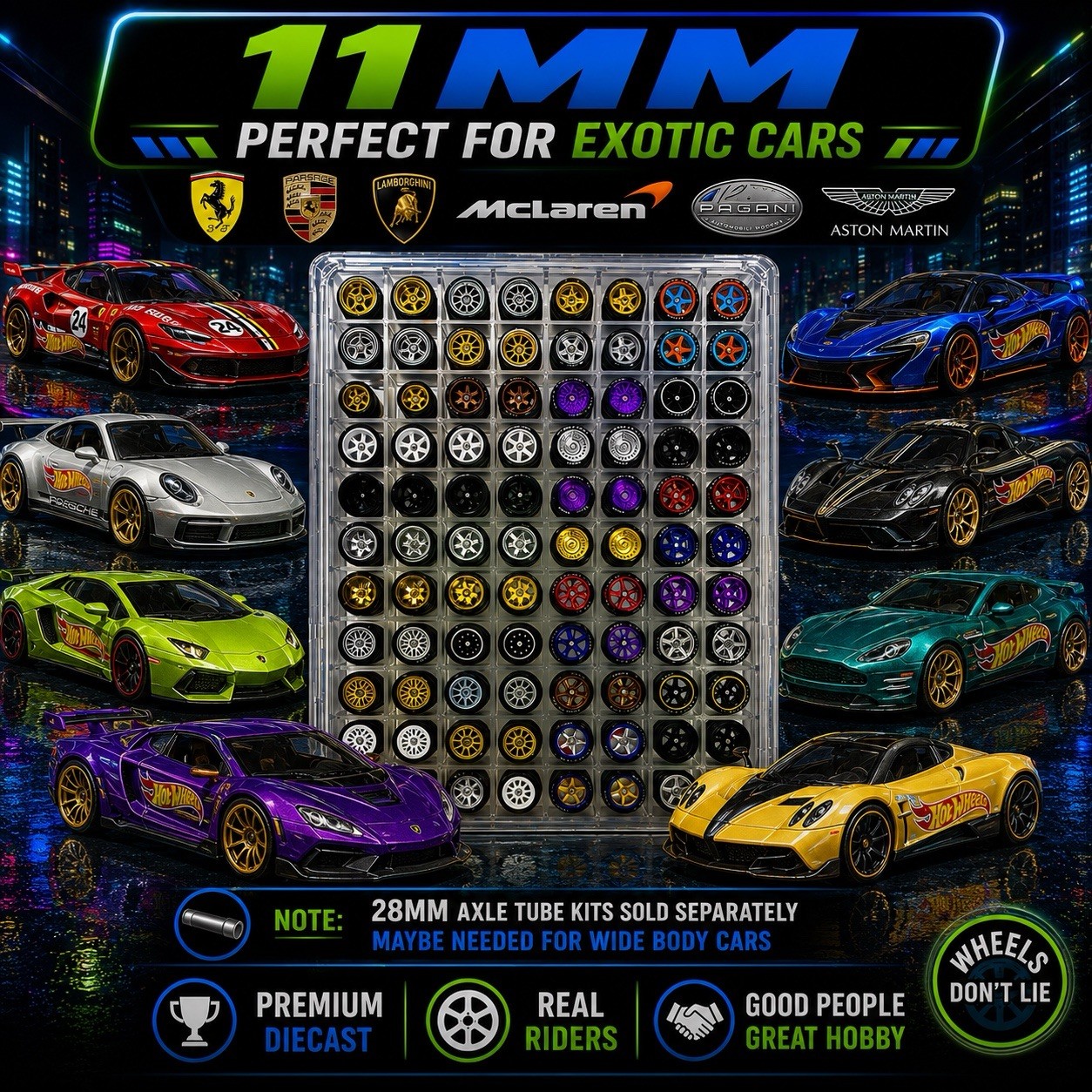 5 Variety MIX 11mm EXOTIC CAR Wheel Sets Rubber Tires For HOT WHEELS 1/64 Scale