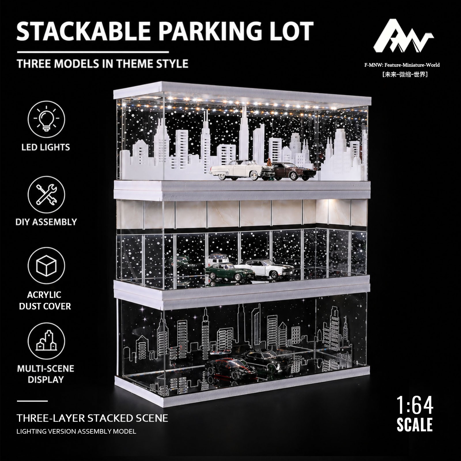 1/64 Diorama Garage Model With LED Parking Lot Display Case For Hot Wheels US