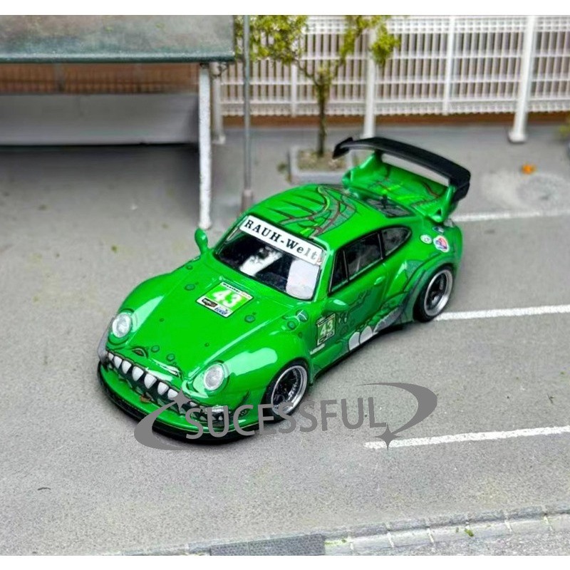 Flame 1:64 Green Dinosaur #43 RWB 993 Diecast Metal Car,Loose Collectible Model