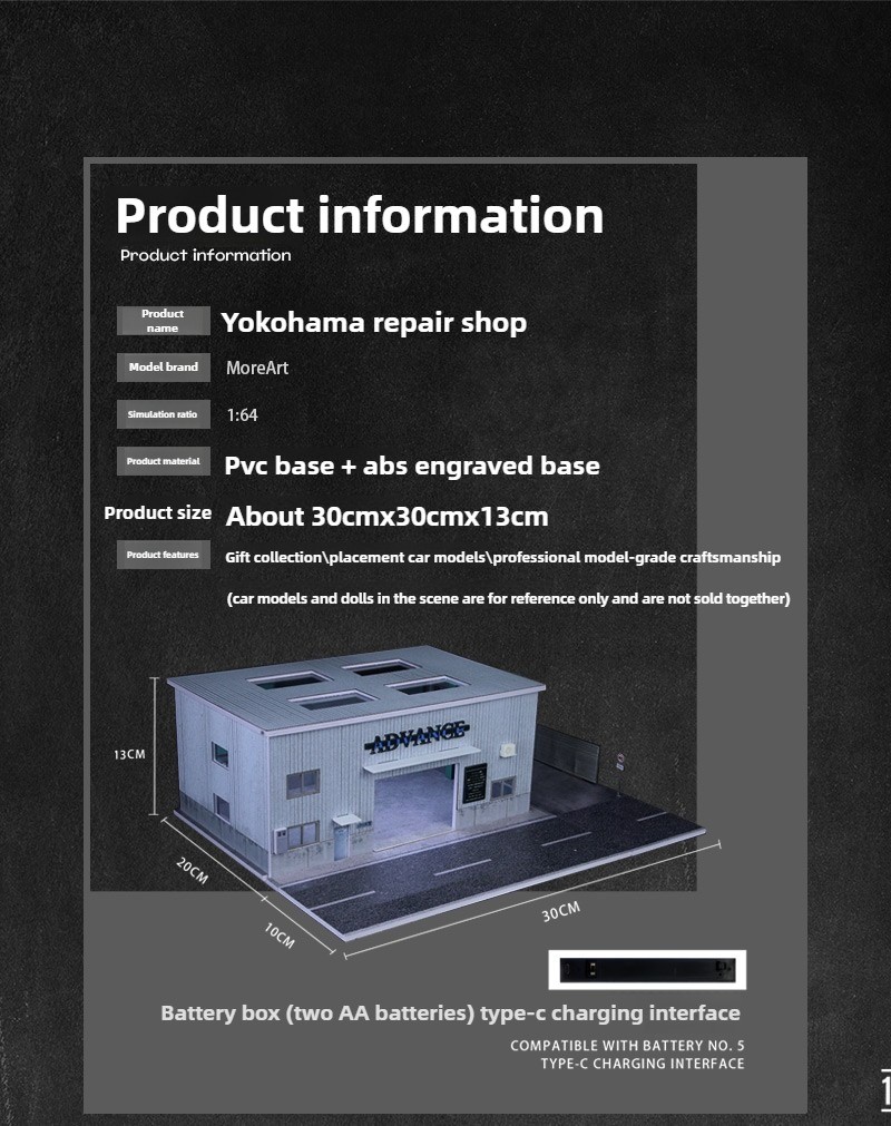 Diorama 1/64 Diecast Car Garage Model LED Repair Workshop Street Building Scene