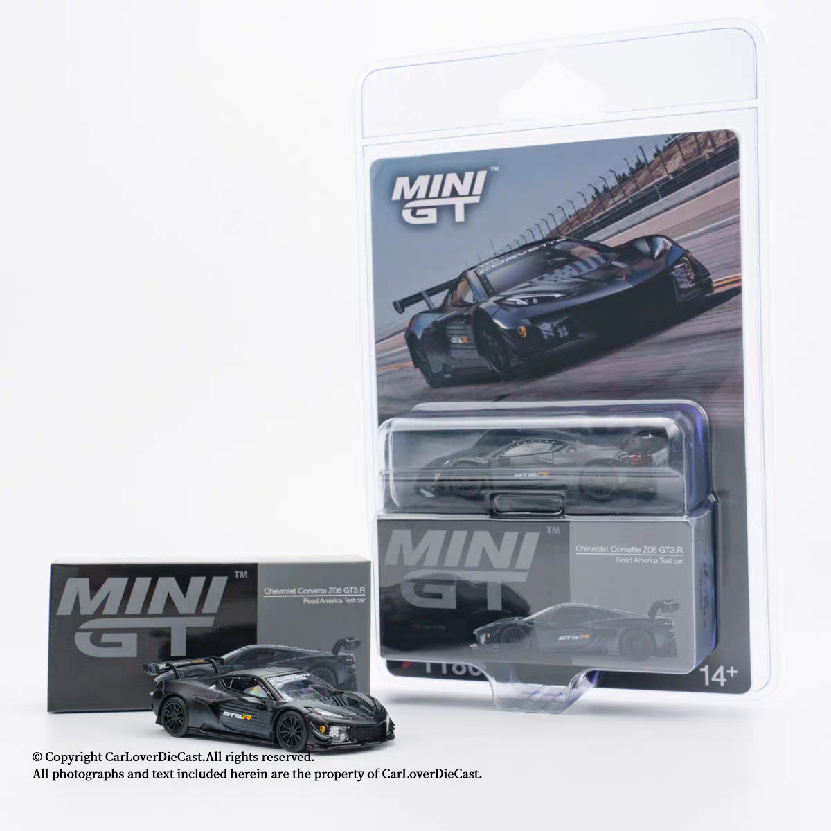 Mini GT 1:64 Corvette Z06 GT3.R Road America Test car Black Car Hang the card