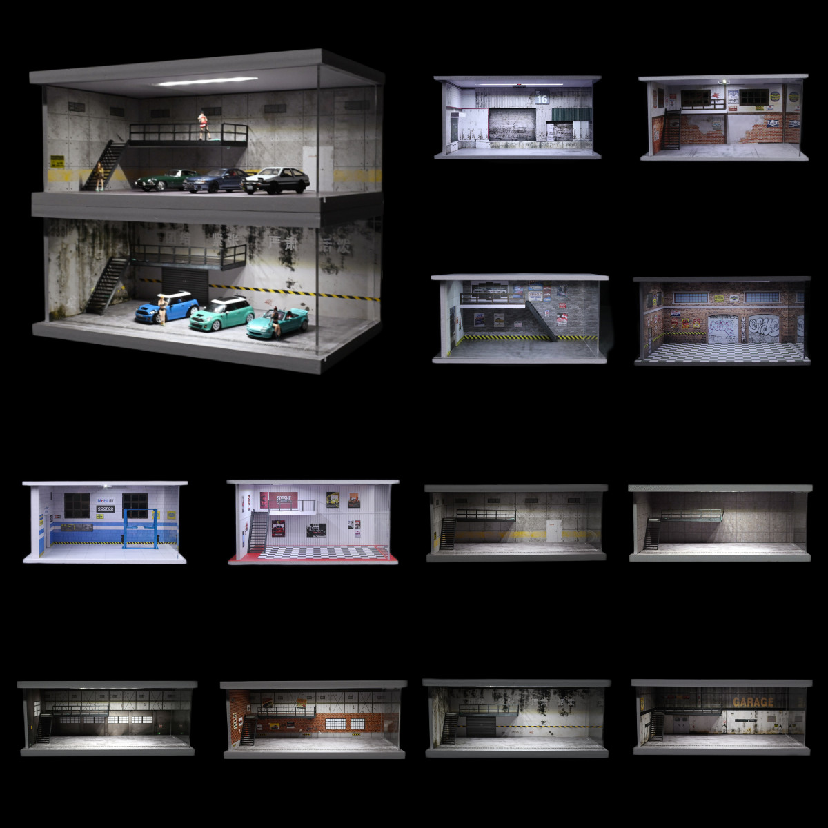 1/64 Diorama Car Garage Model LED Lighting Car Showroom Scene Display Model Gift