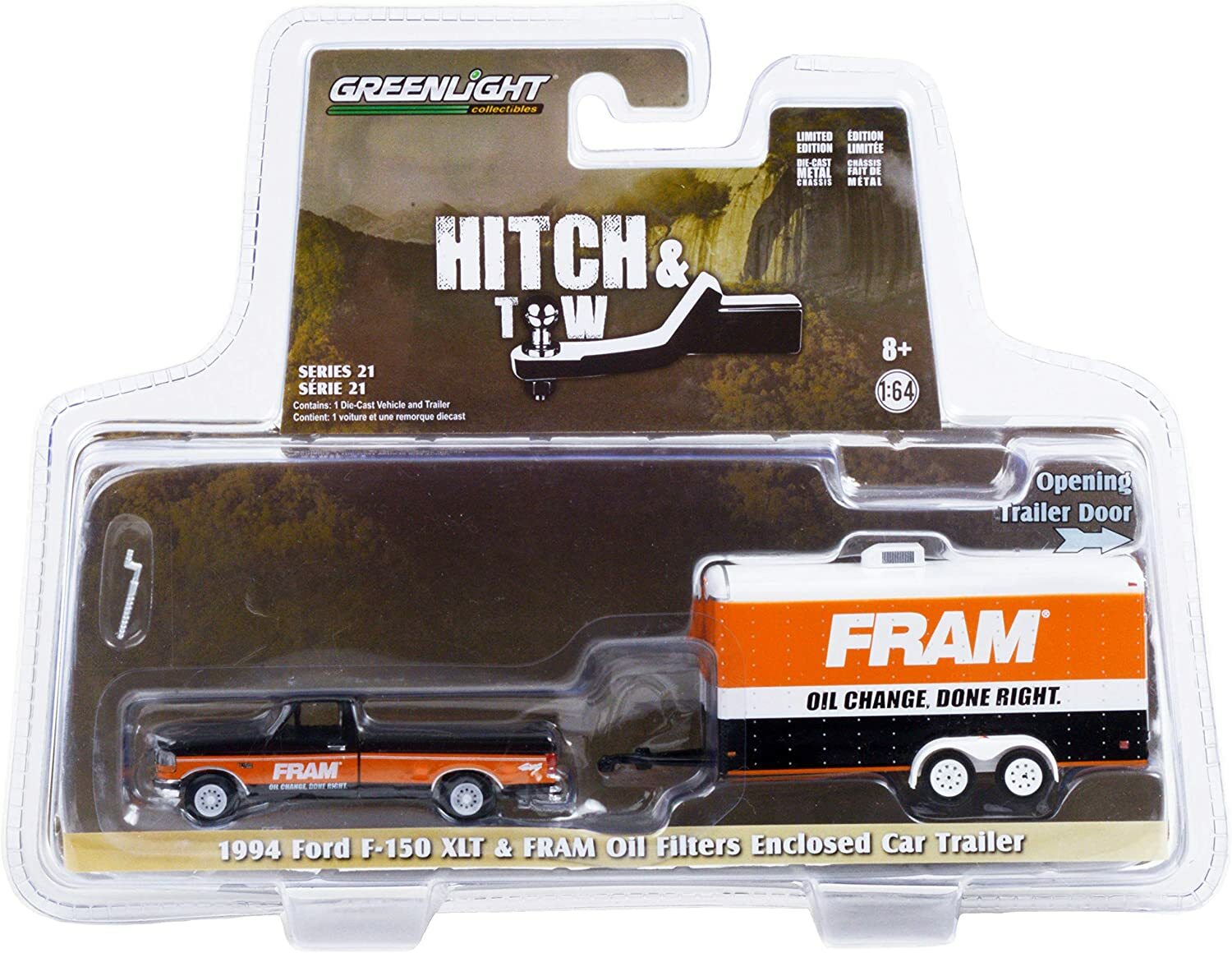 Greenlight 1:64 Hitch & Tow 21 1994 Ford F-150 XLT FRAM Oil Filter w Car Trailer