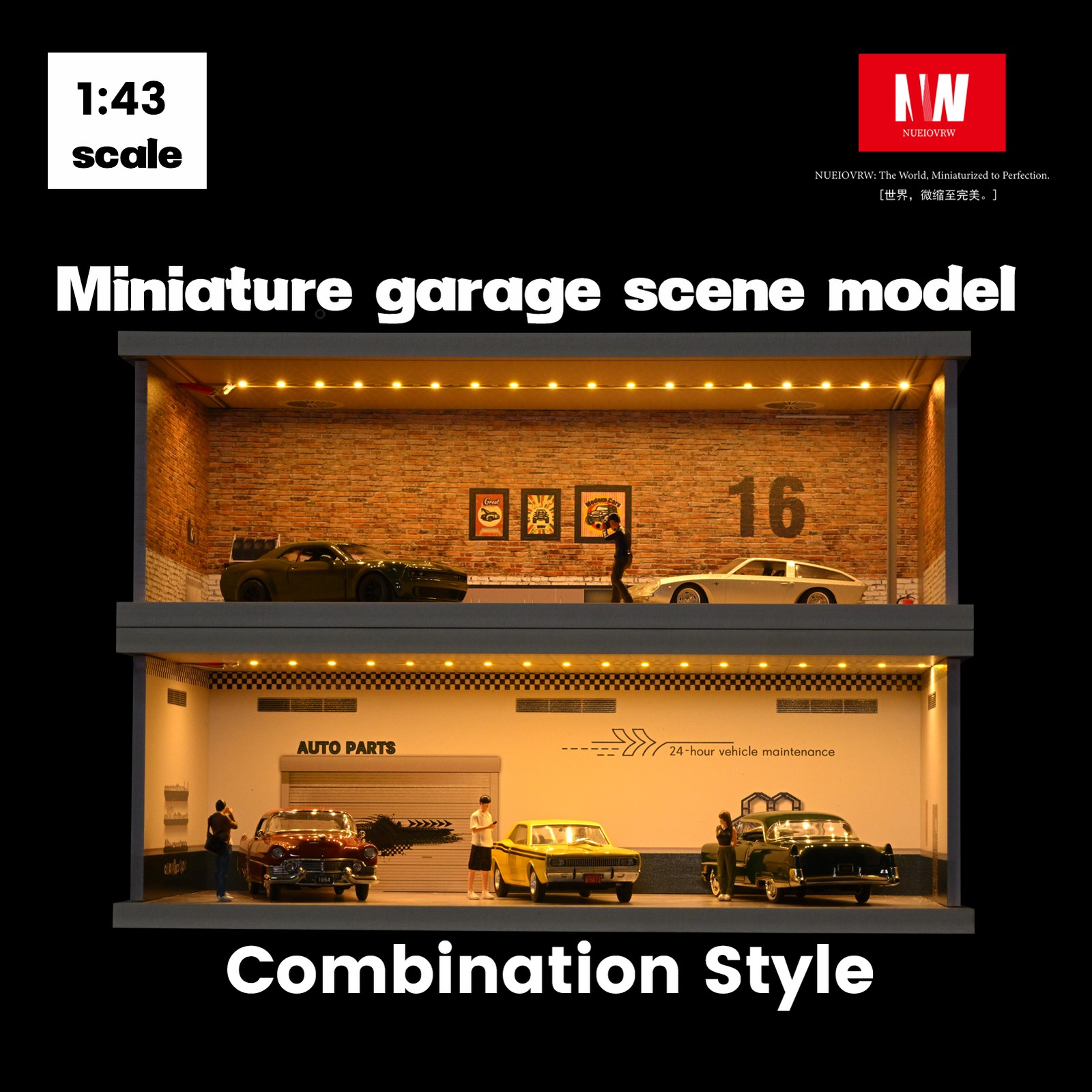 Diorama 1:43 Car Garage Model LED Lighting City Parking Lot Backdrop Scene Model