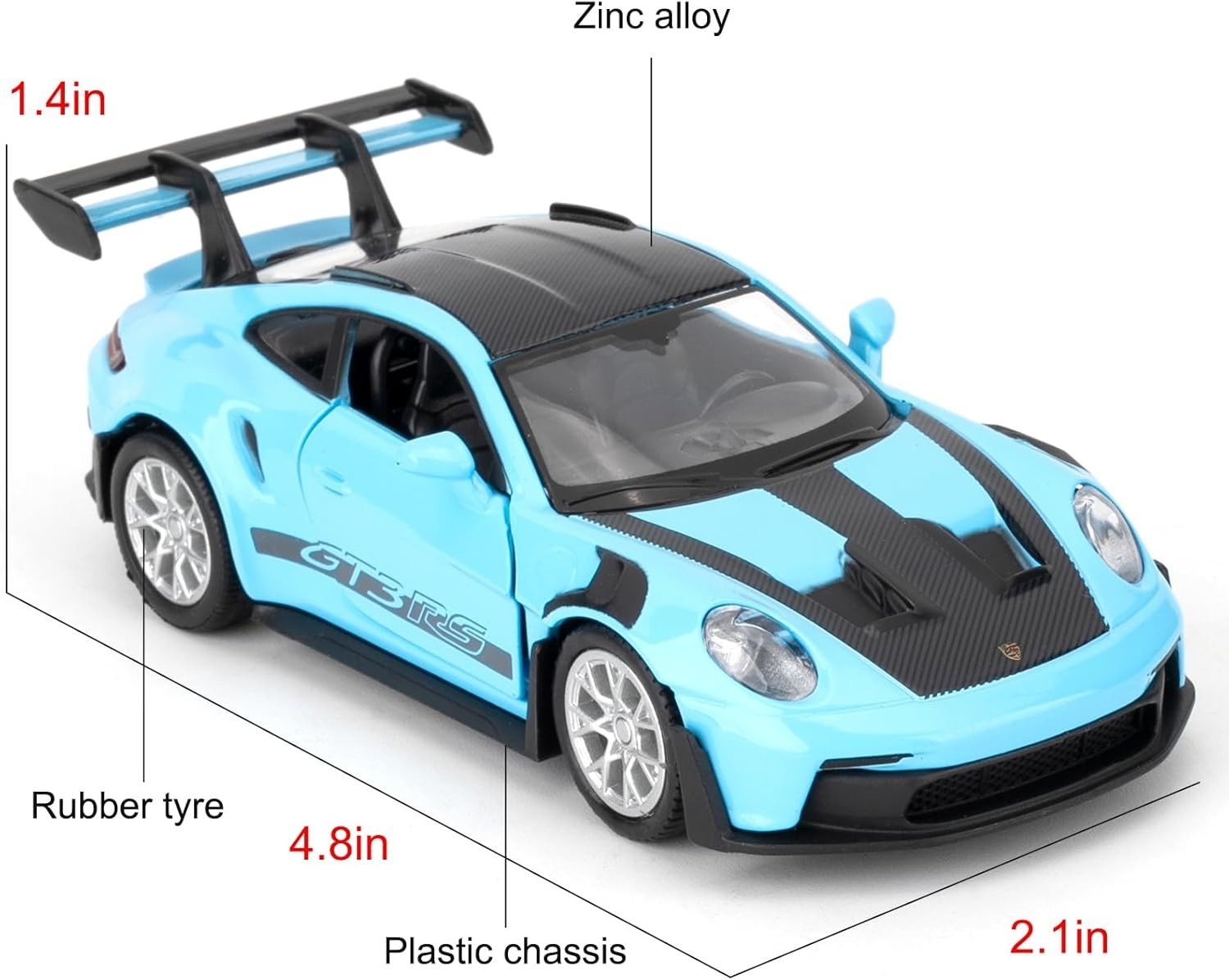 1:36 Scale Porsche 911 GT3 RS Diecast Toy Car – Pull Back, Doors Open, Blue