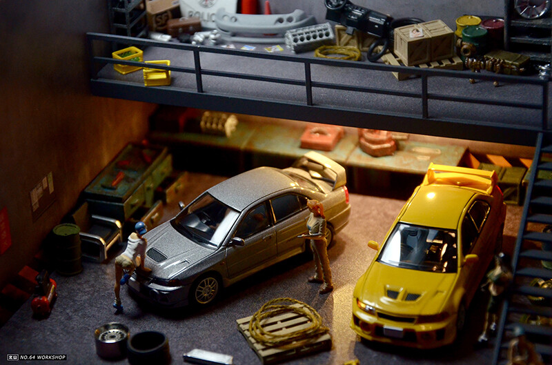 Assemble Diorama 1:64 Double Deck USB LED Lighting Model Car Station – Grey