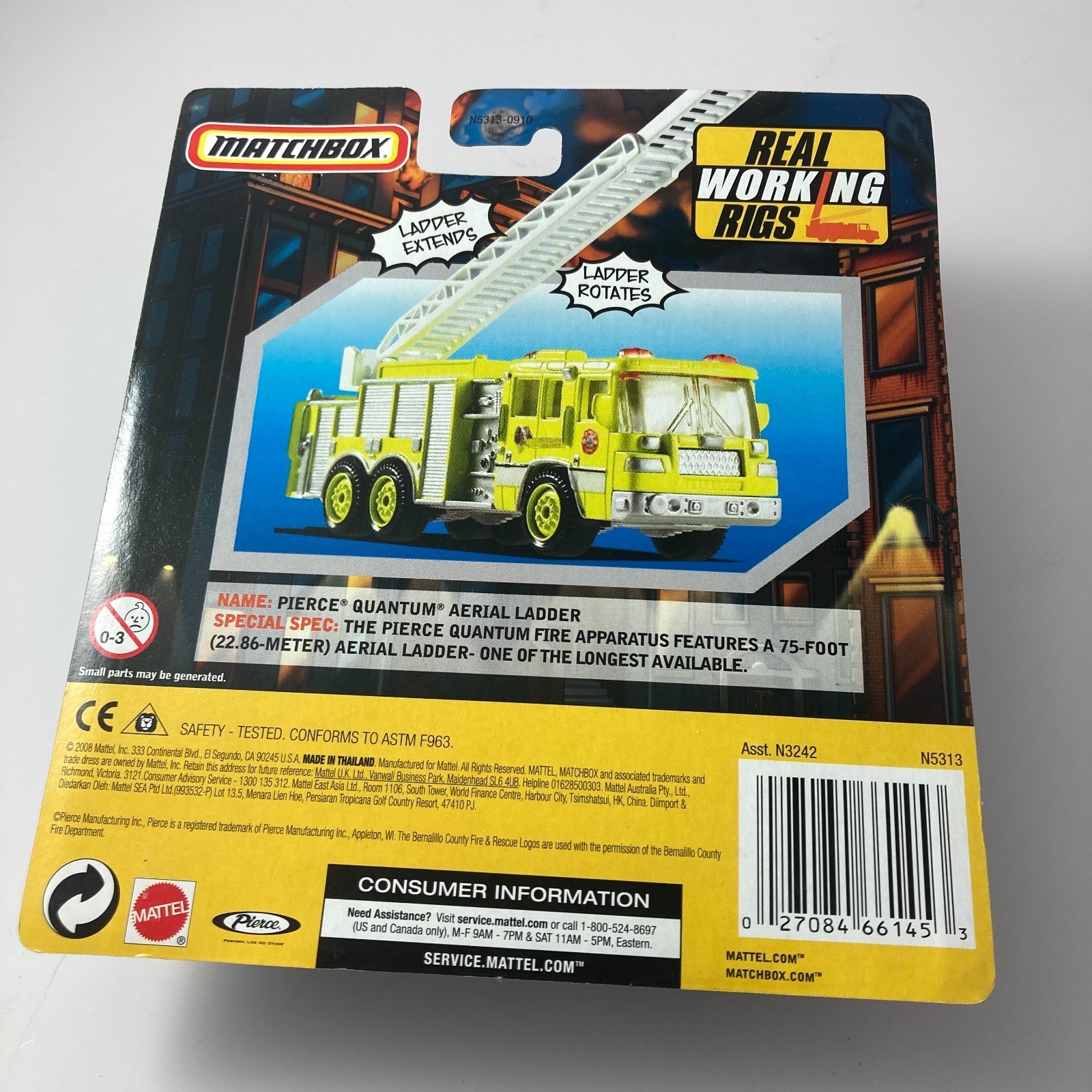2009 Matchbox Working Rig # RW003 Pierce Quantum Aerial Ladder Bernalillo County
