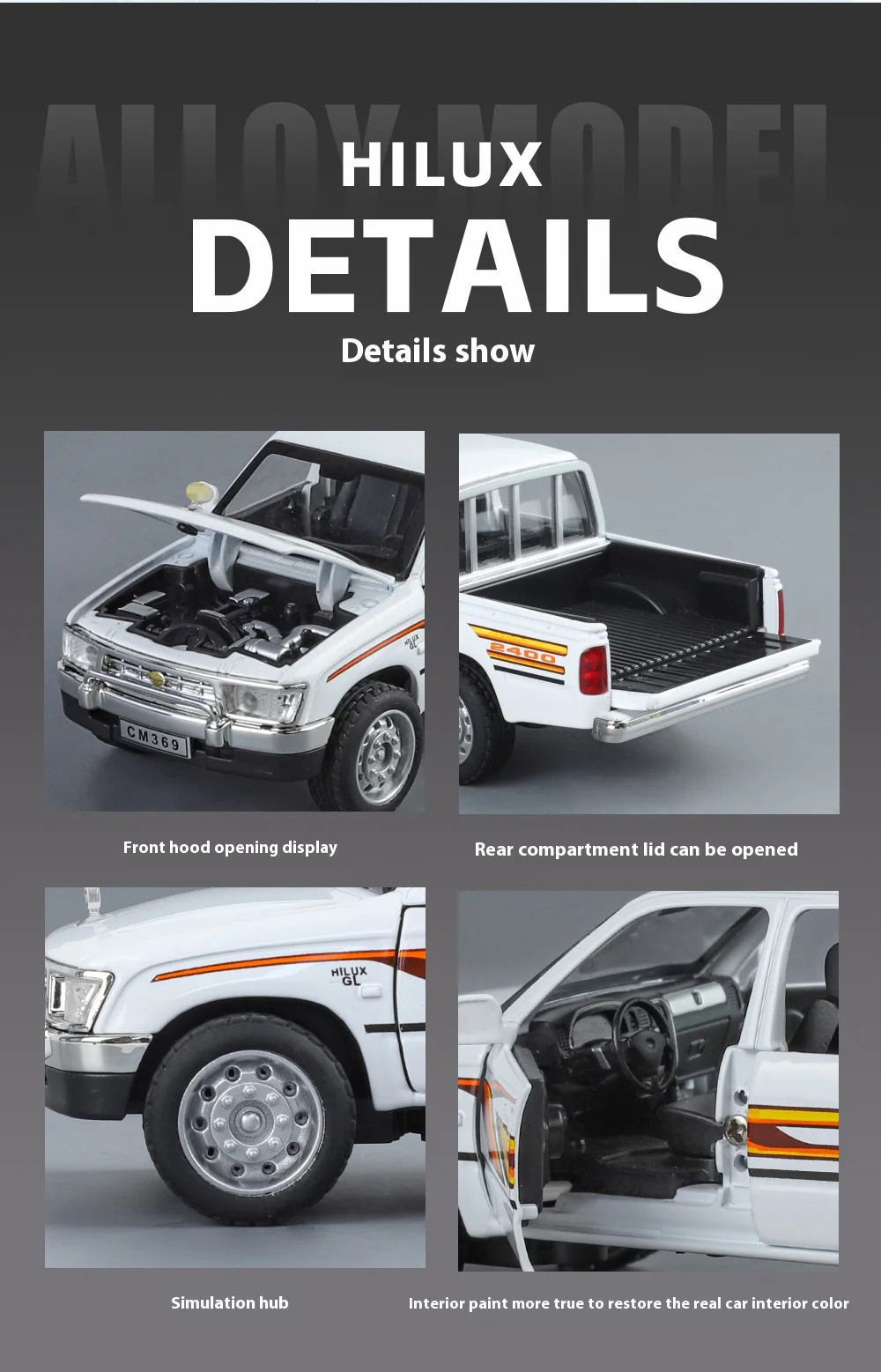1:32 Toyota Hilux Alloy Model Off road Pickup with Sound and Light Diecast Toy