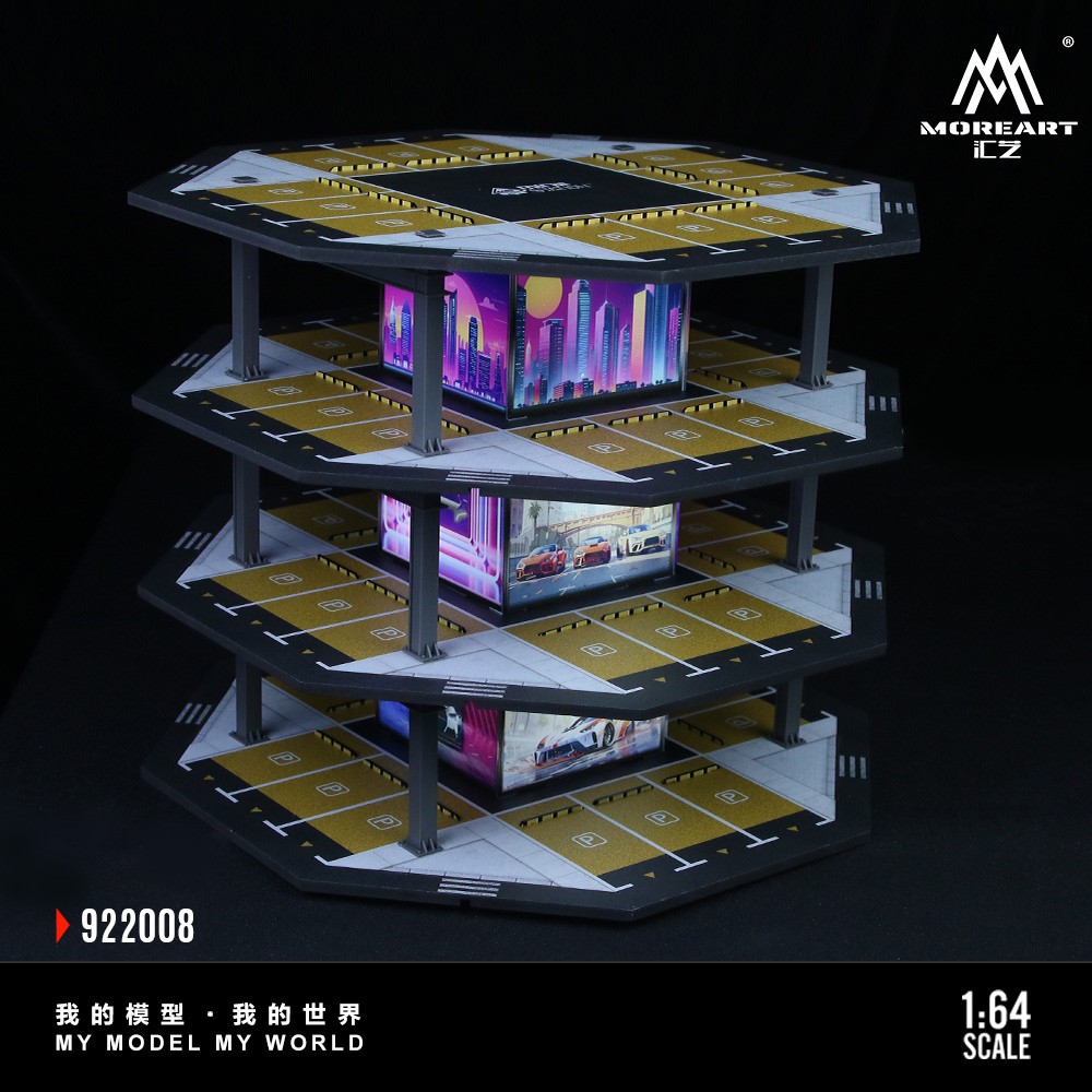 1/64 Diorama Diecast Car Garage Model LED Parking Lot Street Building Scene Gift