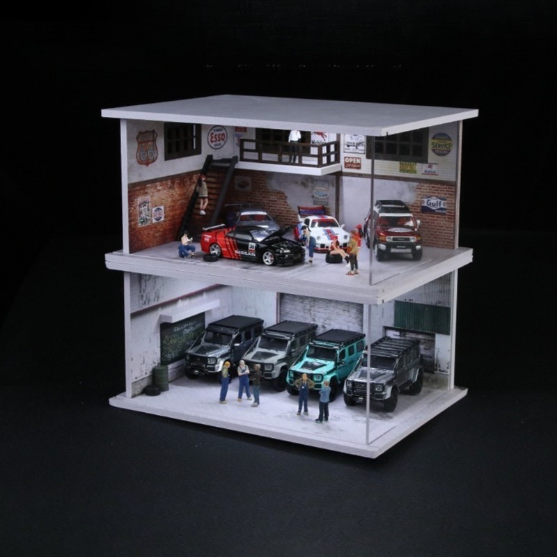 1/64 Diorama Car Garage Model LED Lighting Car Showroom Scene Display Model Gift