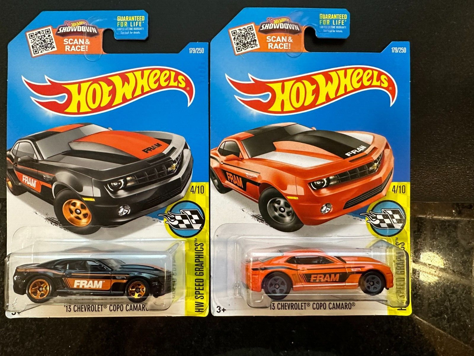 2016 HOT WHEELS (Lot of 2) – 2013 CHEVROLET COPO CAMARO – Orange & Black (FRAM)