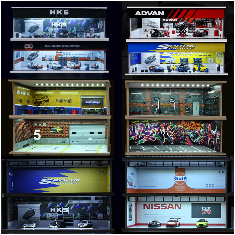 1/64 Diorama Die-cast Car Garage Model LED Lighting City Parking Lot Scene Model