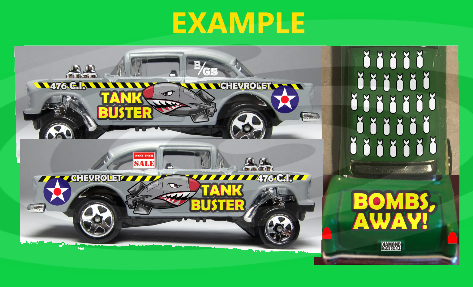 White Toner 1:64 Waterslide Decal for 55 Chevy Gasser Bombs Away Tank Buster