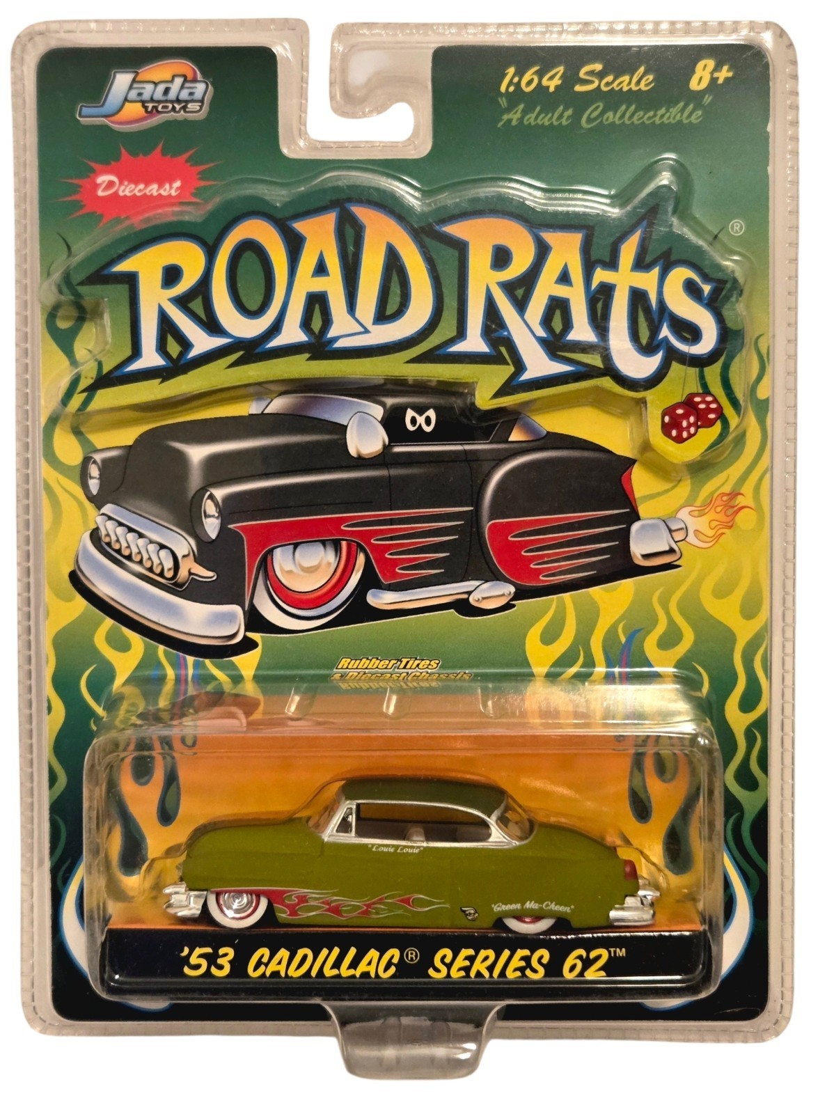 Jada Toys ROAD RATS 1953 CADILLAC SERIES 62 LOWRIDER 1/64 Green with Red Flames
