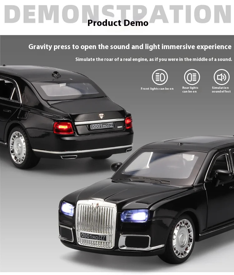 1:24 Aurus Senat Russia Limousine Alloy Diecast Car Model Sound Light Classic Co