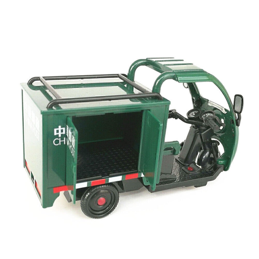 High Simulation China Post Express Car Tricycle Alloy Model With Sound And Light