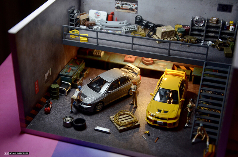 Assemble Diorama 1:64 Double Deck USB LED Lighting Model Car Station – Grey