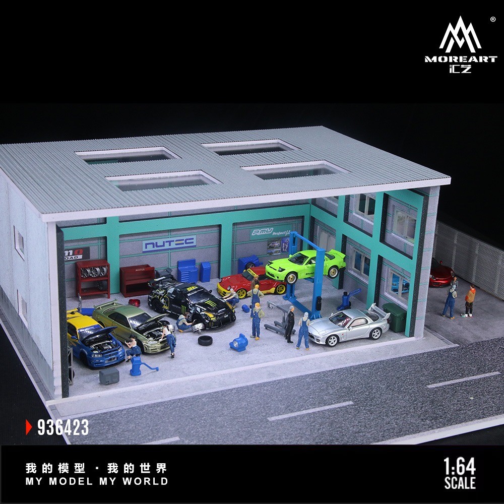 Diorama 1/64 Diecast Car Garage Model LED Repair Workshop Street Building Scene