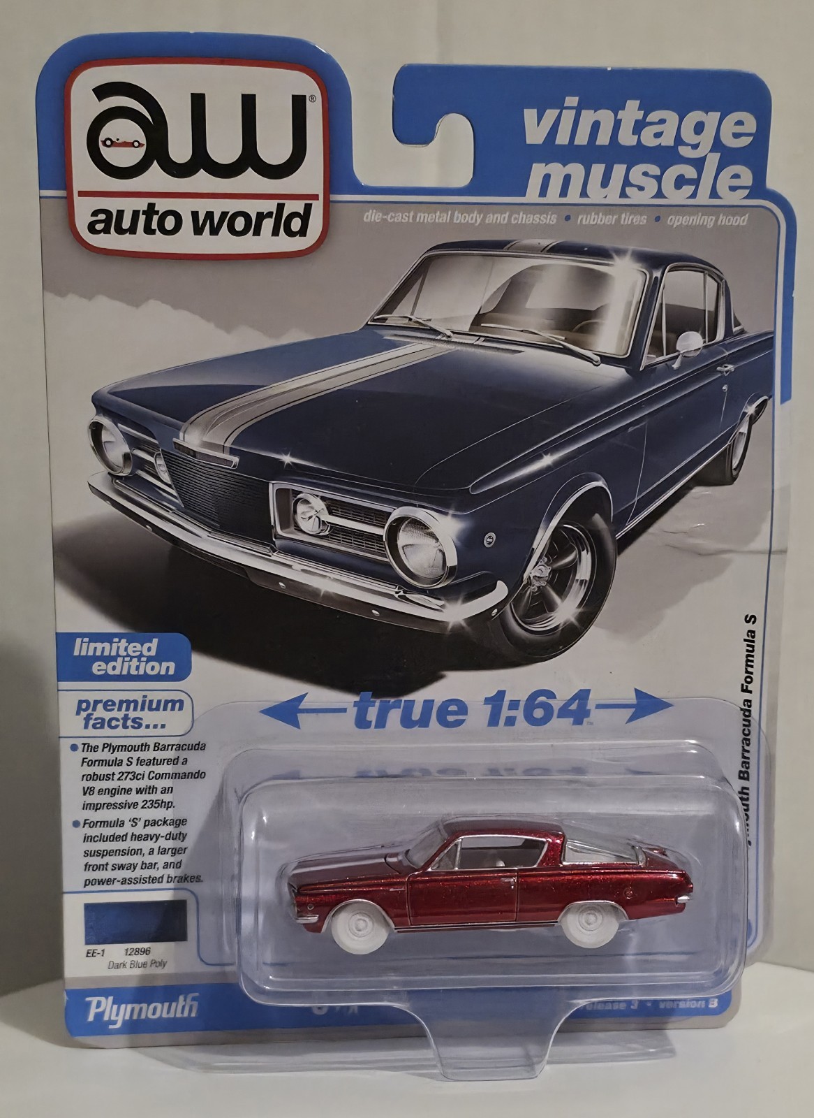Auto World Vintage Muscle 1965 Plymouth Barracuda Formula S Ultra Red Chase Dmgd