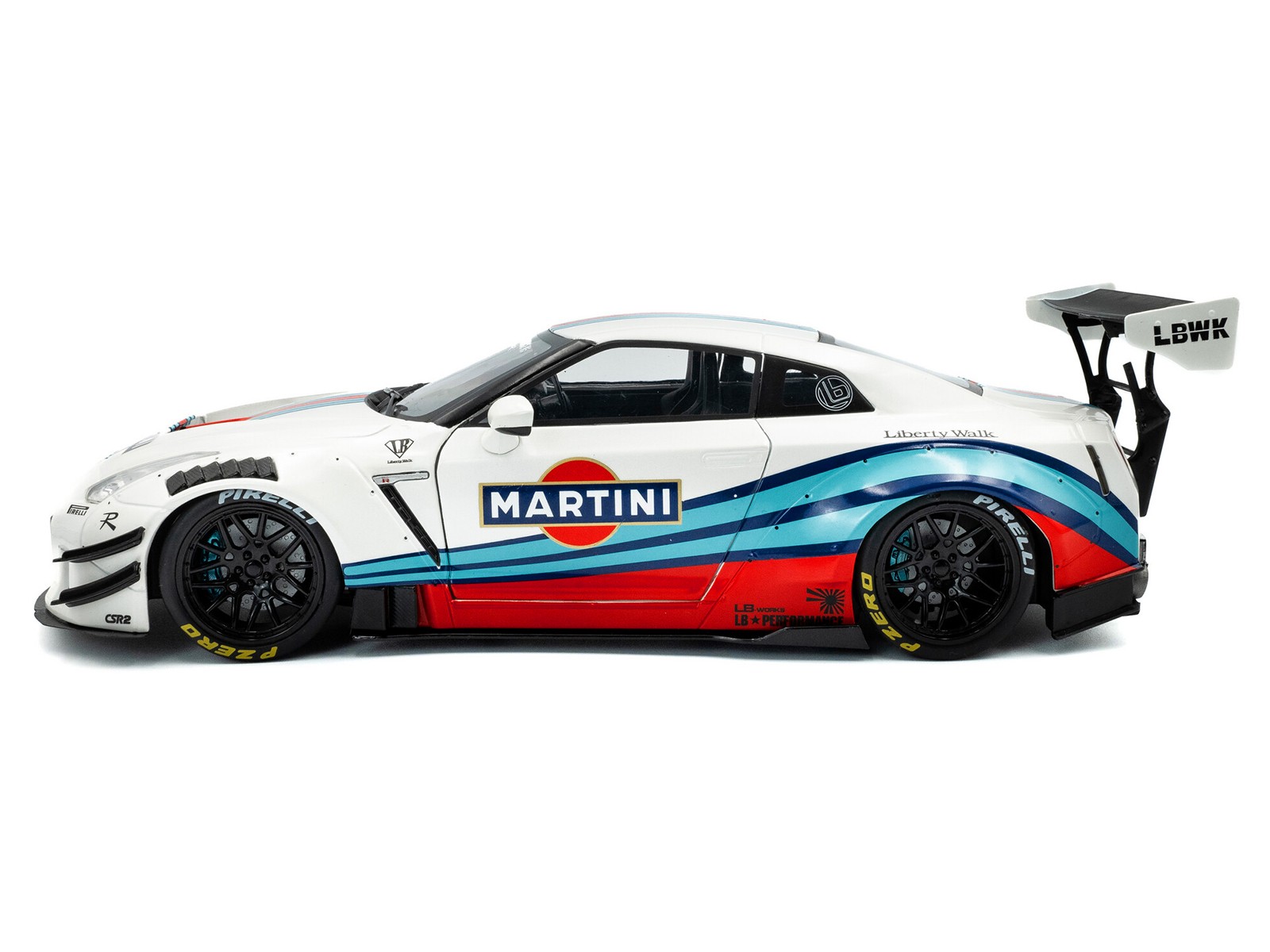 2024 Nissan GT R RHD with Liberty Walk 2.0 Body Kit White Martini Racing 1/18