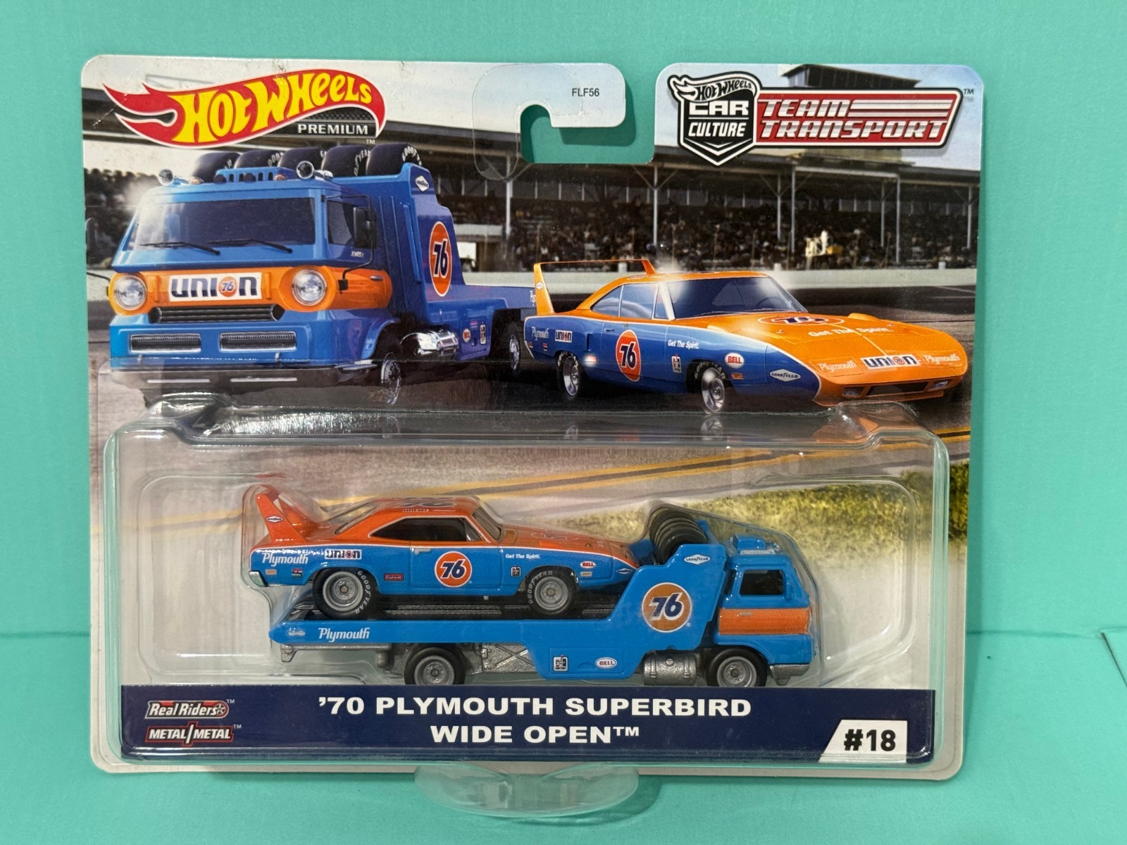 HOT WHEELS TEAM TRANSPORT #18 ’70 PLYMOUTH SUPERBIRD WIDE OPEN REAL RIDERS METAL