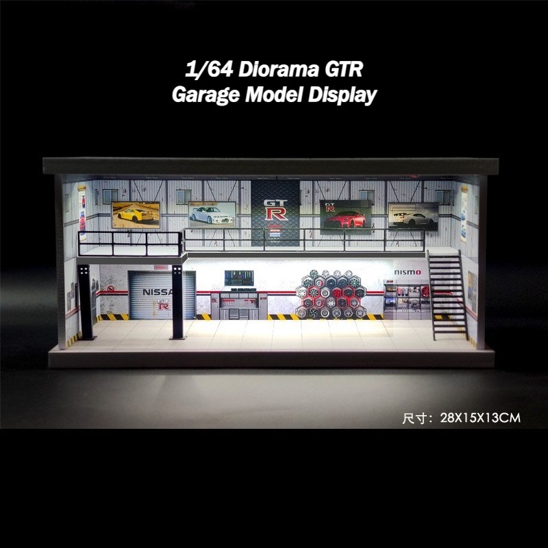 1/64 Car Garage Diorama Model LED Lighting Repair Workshop Scene Display Case US