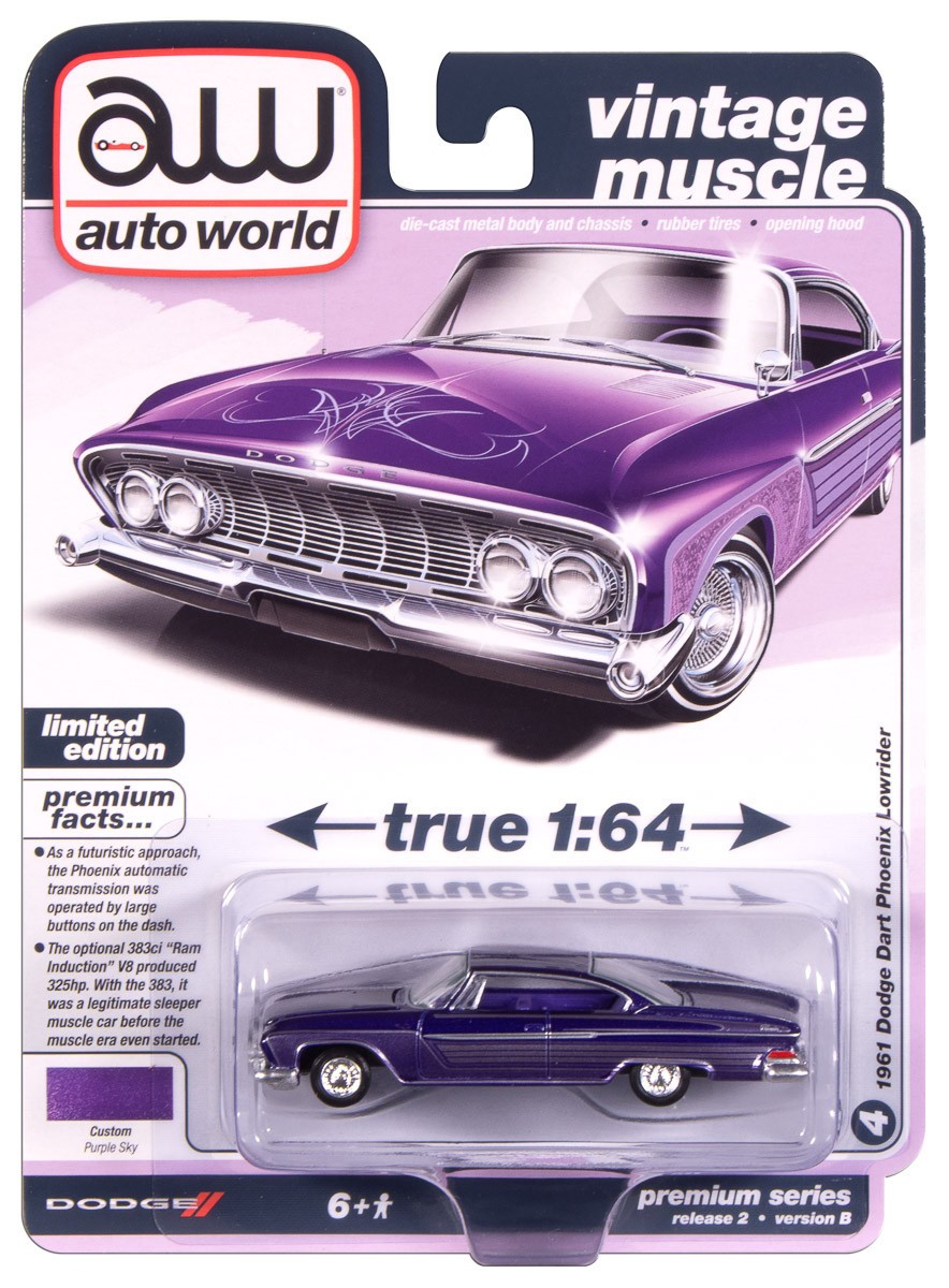 Auto World Vintage Muscle Purple Sky 1961 Dodge Dart Phoenix Lowrider 1:64 Car
