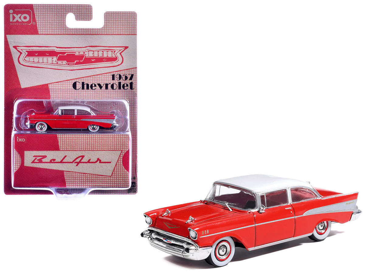 1957 Chevrolet Bel Air Red with White Top and Red Interior 1/64 Diecast Model b