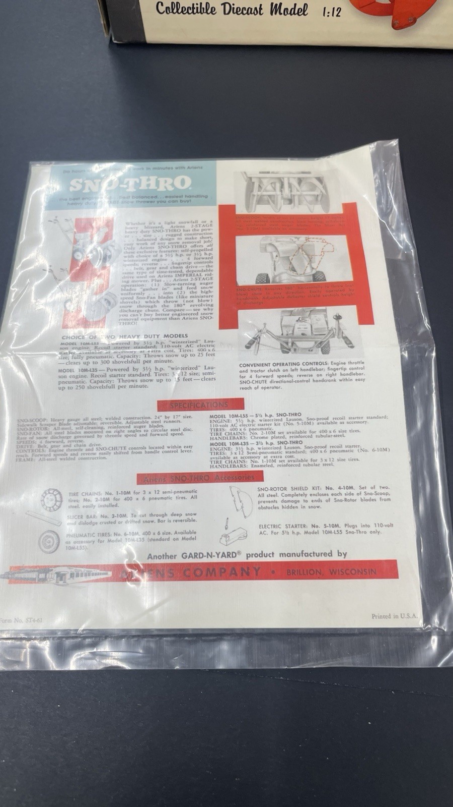 Ariens 1960 Sno-Thro 1:12 Diecast Model 75th Anniversary Complete W/ Magnet⁠