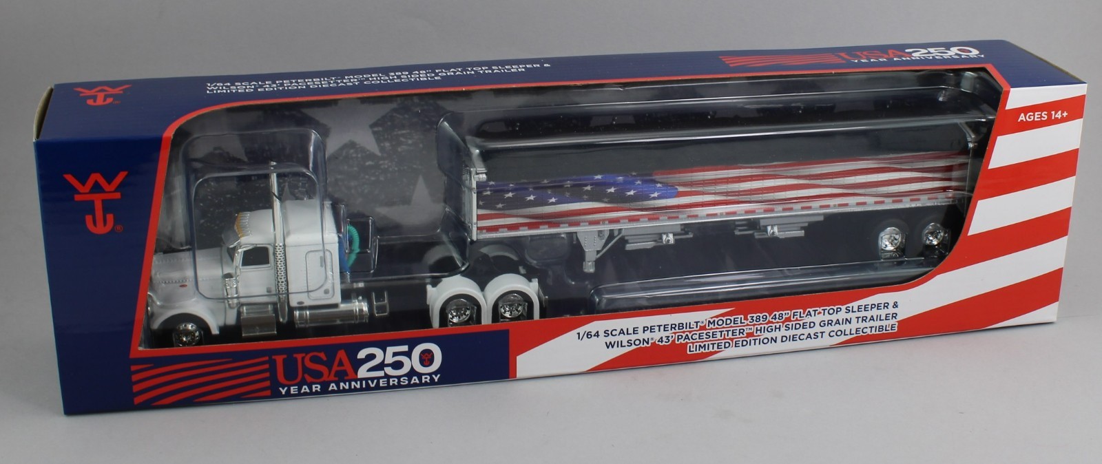 DCP 1:64 *WHITE AMERICA 250* Peterbilt 389 48″ Flattop w/Wilson Grain Trailer