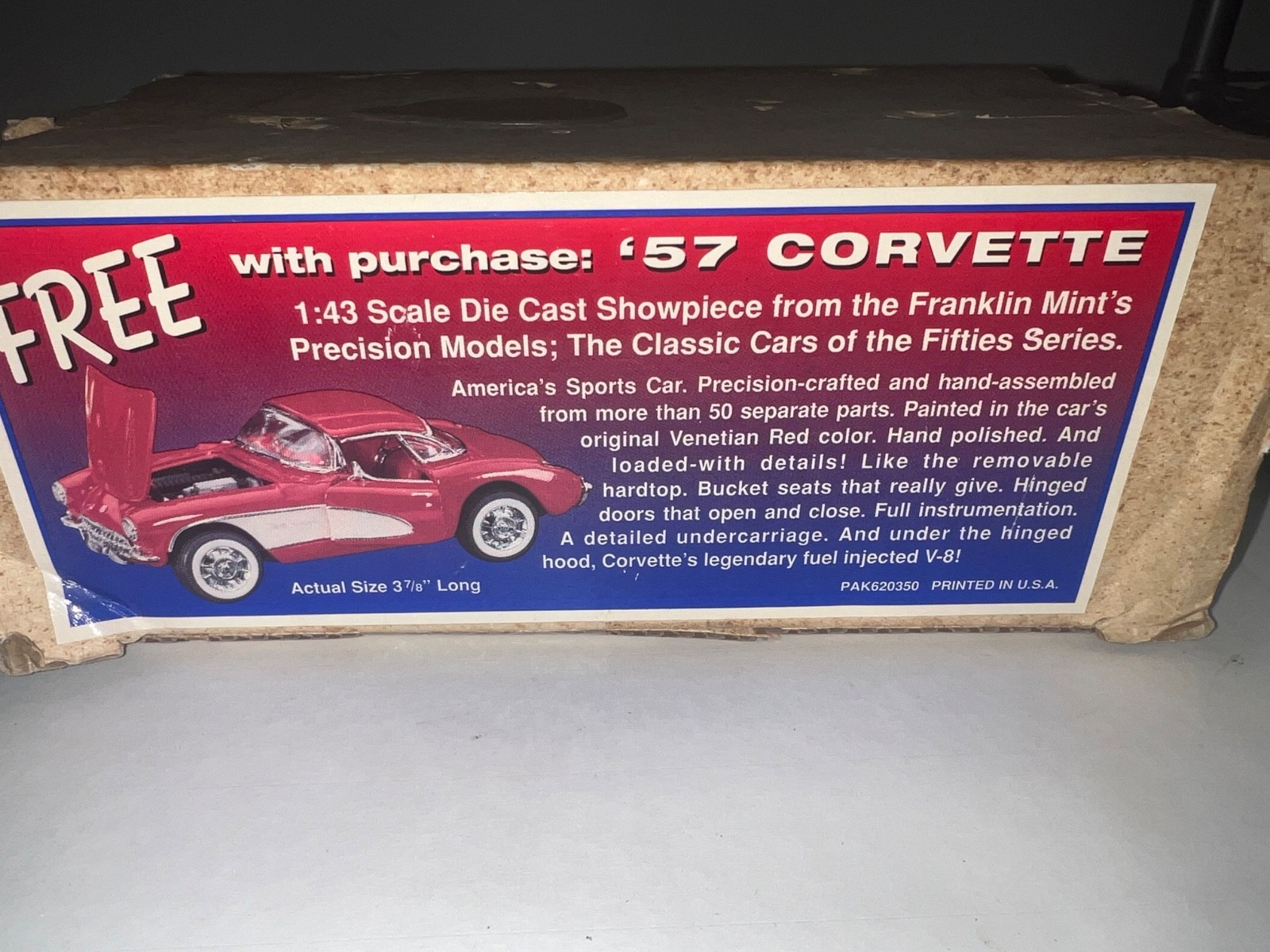 FRANKLIN MINT 1957 CORVETTE 1:43 SCALE WITH REMOVABLE TOP AND BOX