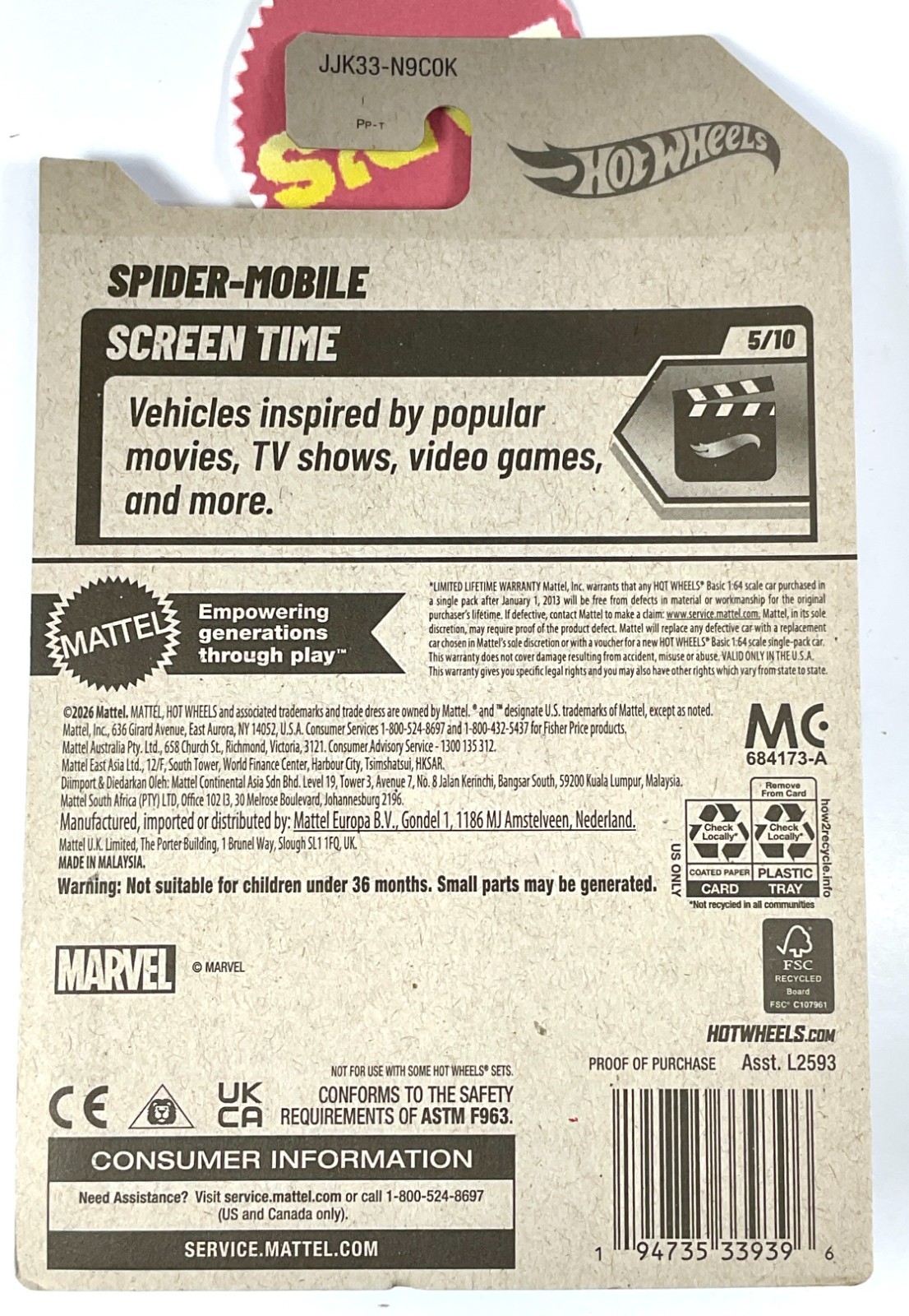 2026 Hot Wheels Spiderman Spider-Mobile Buggy Marvel Screen Time 5/10 #195