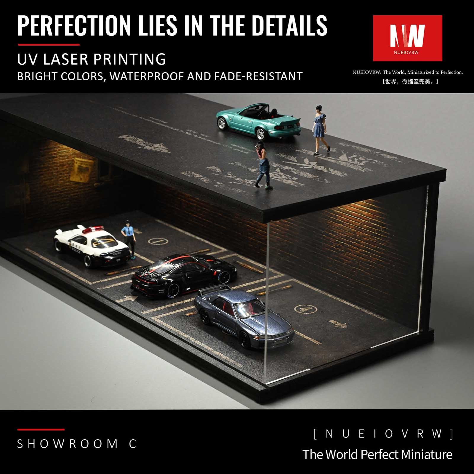 US 1:64/43 Black Garage Diorama Model LED Lighting Parking Lot Display Case Gift
