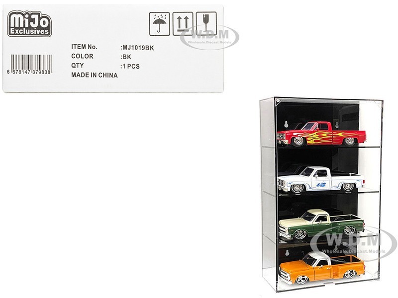 SHOWCASE 4 CAR DISPLAY CASE WALL MOUNT BLACK PANEL FOR 1/24-1/25 SCALE MJ1019BK