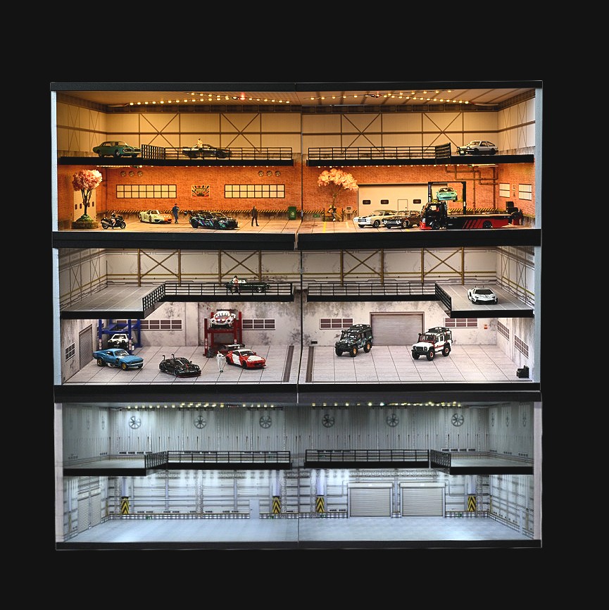Diorama 1/64 Big Garage Model LED Lighting Parking Lot Scene Display Case Toy US