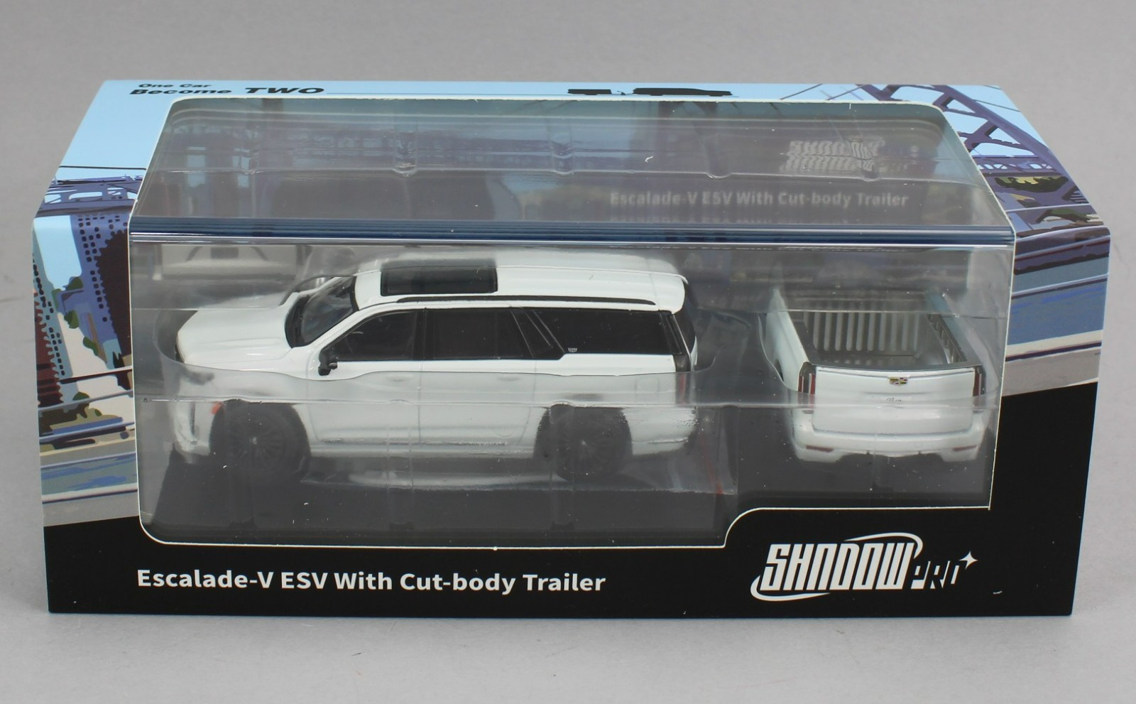1:64 *SHADOW PRO* WHITE Cadillac Escalade-V ESV w/Trailer *NIB*