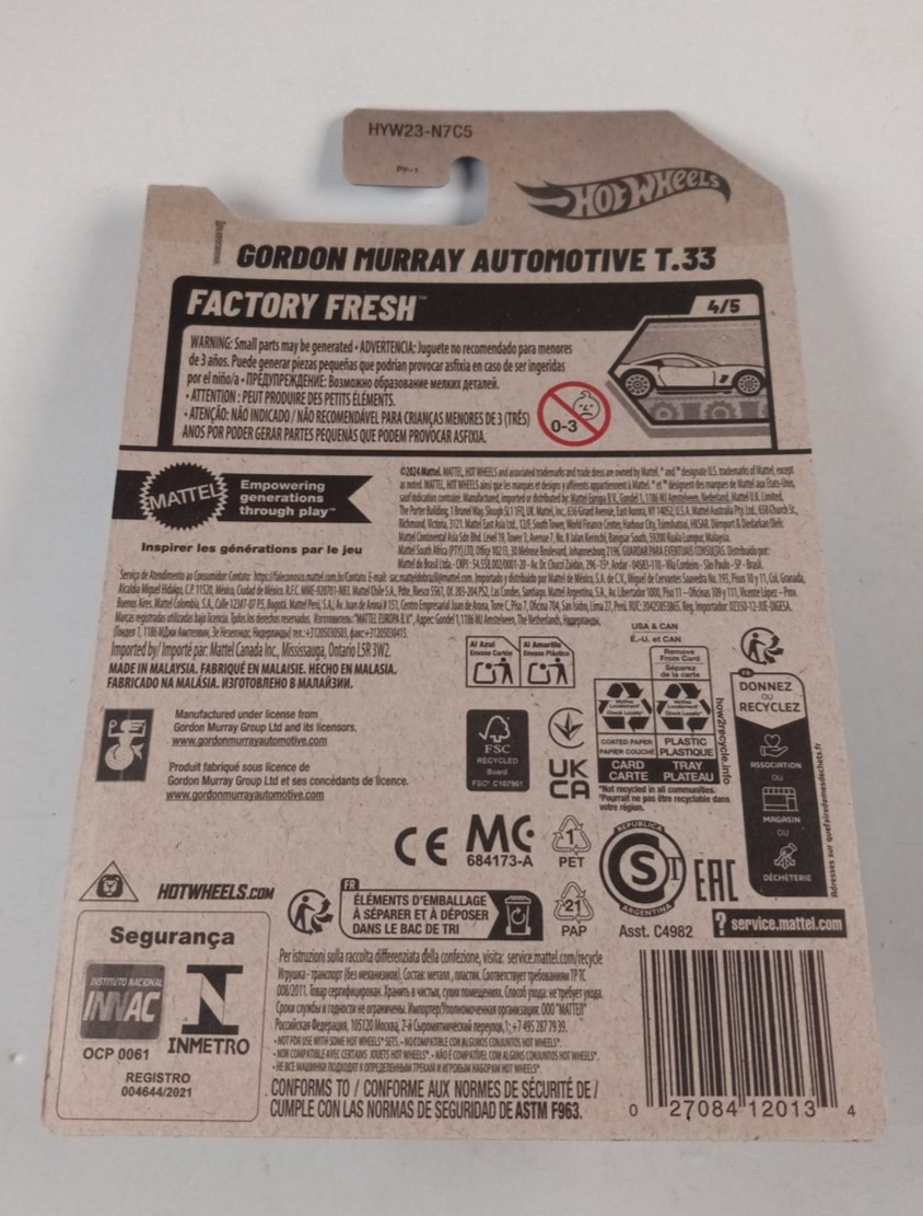 2025 Hot Wheels Gordon Murray Automotive T.33 Silver 90/250 Factory Fresh 4/5