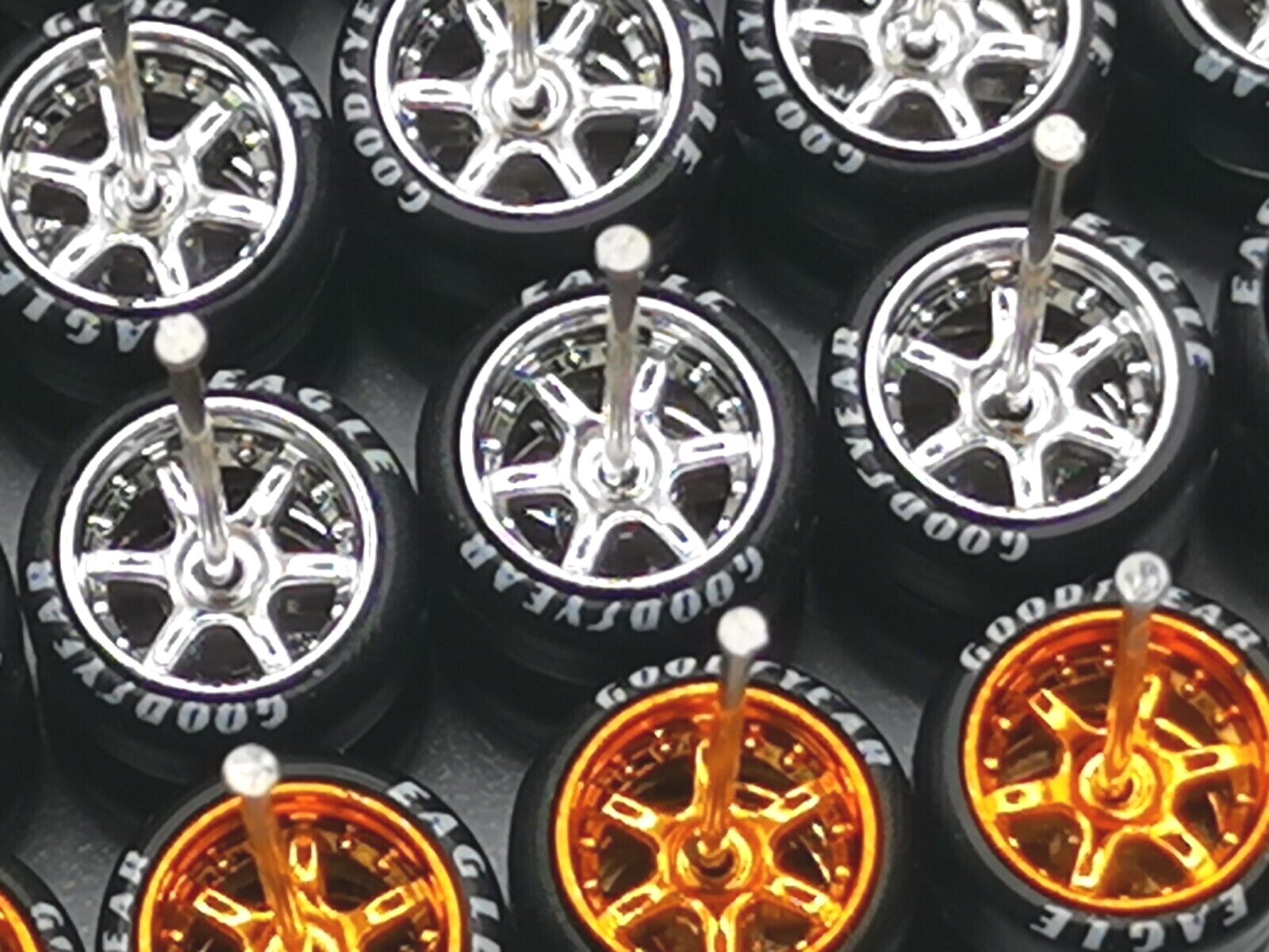 Hot Wheels Good Year 6 Spoke Rubber Tire 17 sets Chrome + Candy Bronze JDM 1:64