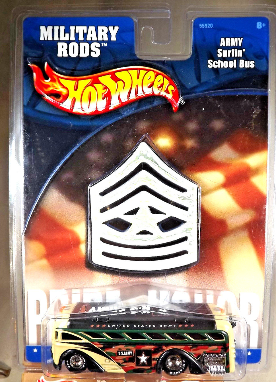 2002 Hot Wheels KB Toys Military Rods-ARMY SURFIN’ SCHOOL BUS Black-Tan w/RR’s