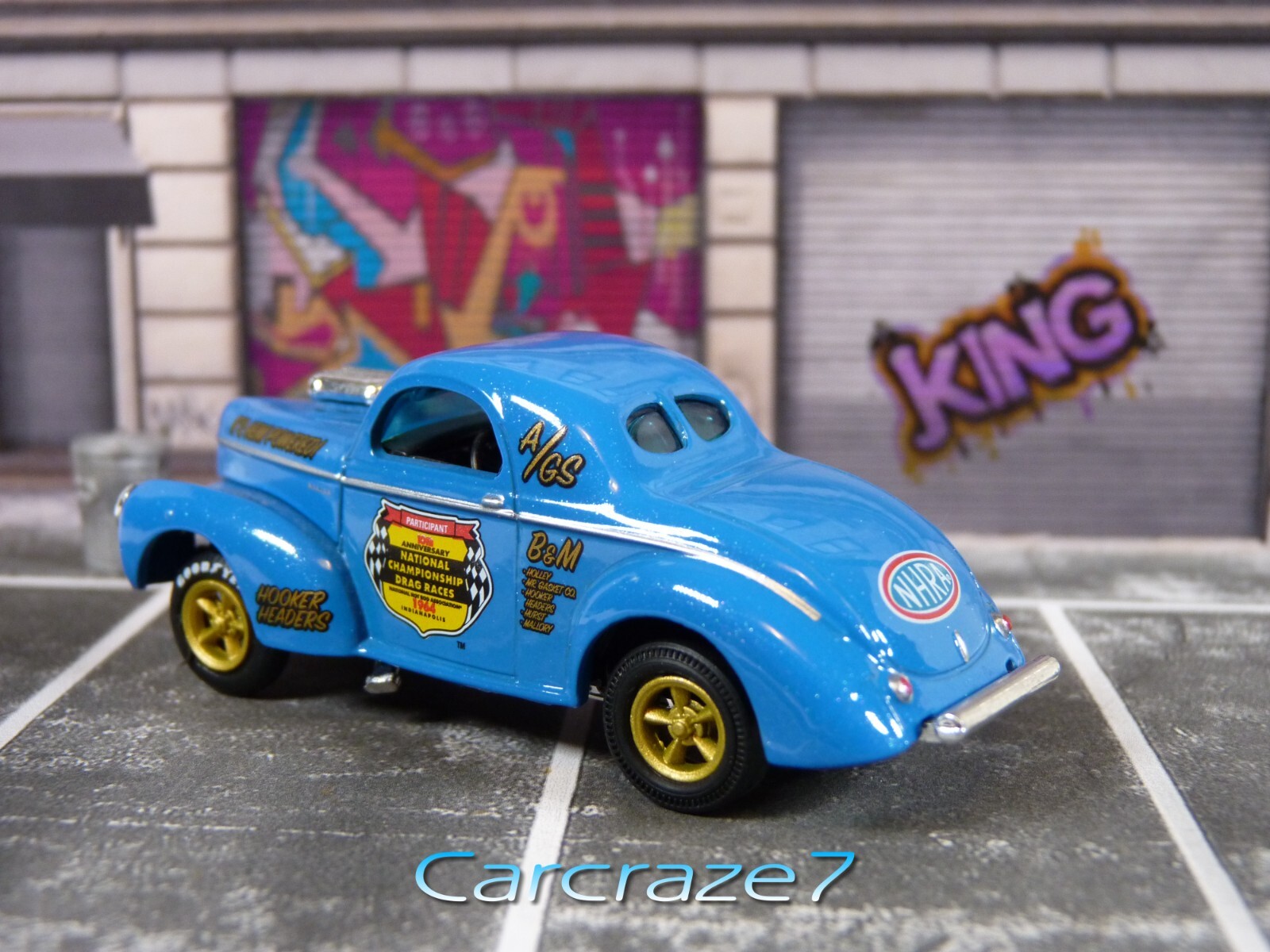 2022 M2 Machines Blue ’41 Willys Coupe Gasser NHRA Rubber Tires Loose P1