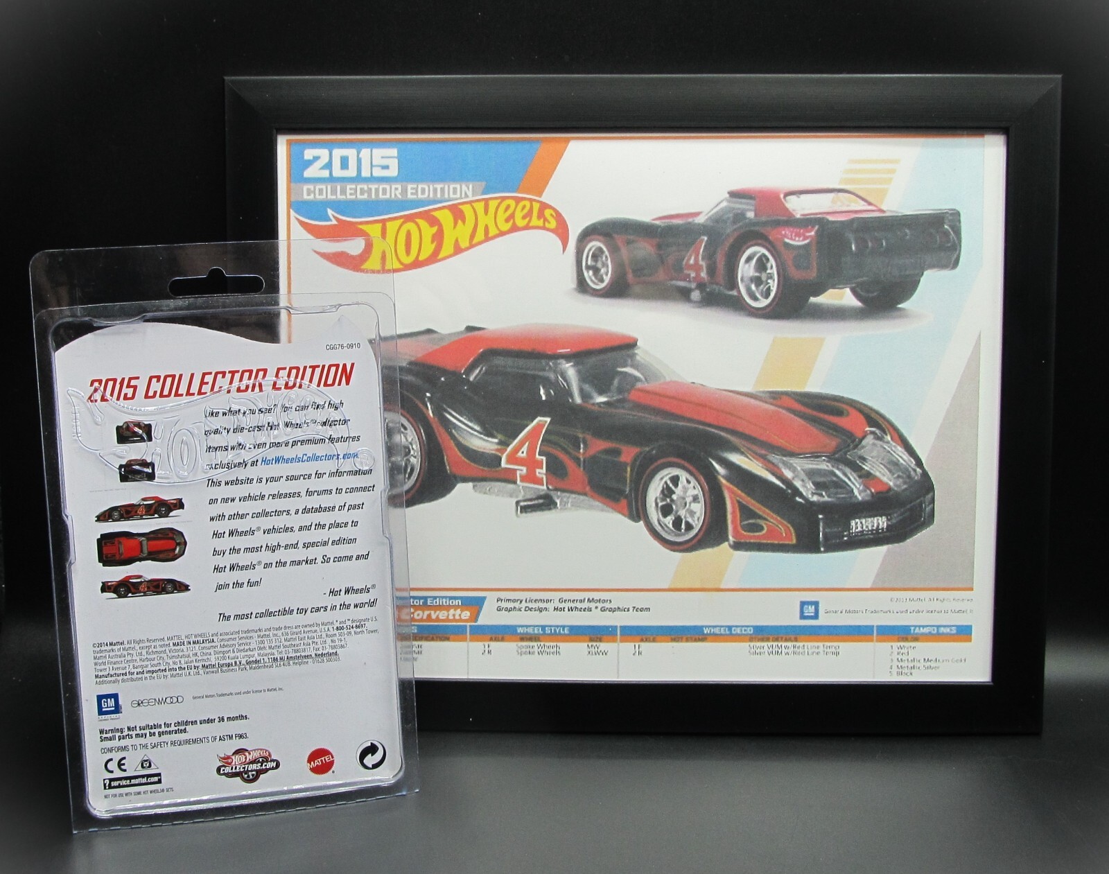 Hot Wheels 2015 COLLECTOR EDITION ’76 GREENWOOD CORVETTE & Framed E-Sheet, P62za