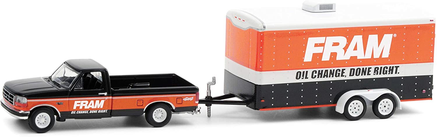 Greenlight 1:64 Hitch & Tow 21 1994 Ford F-150 XLT FRAM Oil Filter w Car Trailer