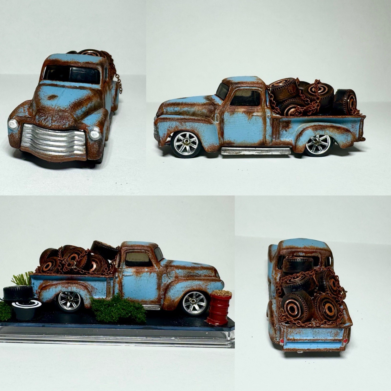 Custom Hot Wheels Blue 1953 Chevy Tire Truck Rat Rod Pickup W/ Real Riders