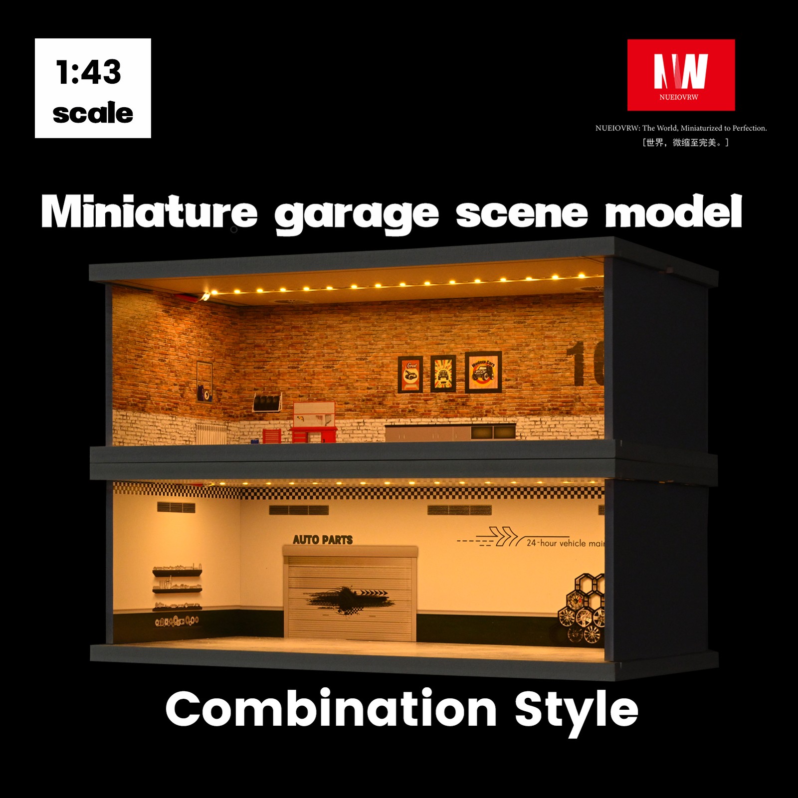 Diorama 1:43 Car Garage Model LED Lighting City Parking Lot Backdrop Scene Model